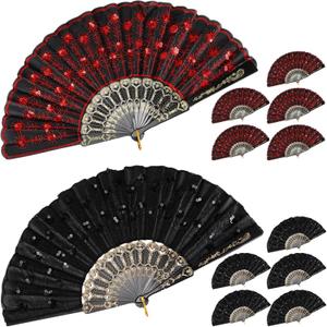 Jetec 12 Pcs Peacock Hand Fans Spanish Handheld Folding Fans Fabric Foldable for Weddings Bridal Dancing Church Halloween DIY Decoration Women Gift Party Favors, Red & Black