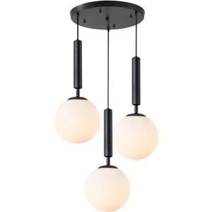 BOKT 3 Light Globe Cluster Pendant Light Modern Black Hanging Pendant Light Fixture White Milk Glass Vintage Farmhouse Pendant Lights Kitchen Island Adjustable Height Stairwell Lighting Chandelier
