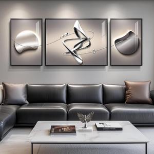 Extra Large Framed Modern Abstract Wall Art for Living Room, 3 Piece Black Grey Prints Wall Paintings Artwork for Walls, Silver Gray Luxury Wall Pictures for Hallway Entryway Foyer Stair Office Wall Decor 30x80 Inch