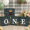 4PCS Green Plaid Teddy Bear ONE Birthday Boxes, Vintage Preppy First Birthday Party Boxes for Baby Shower, Gender Reveal Party Decoration