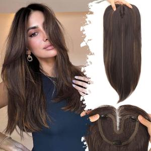 Eawwii Dark Brown with Caramel Highlights Synthetic Hair Toppers for Women with Thinning 5x6 inch Large Base Coverage Clip in Wispy Bangs Upgraded Adjustable Bandage 18 Inch Long Layered