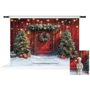 Kate Red Door Christmas Photo Backdrop Rustic Barn Backdrop Christmas Trees Portrait Photography Backgrounds Outside Farm Photo Props for Pictures, 7X5ft