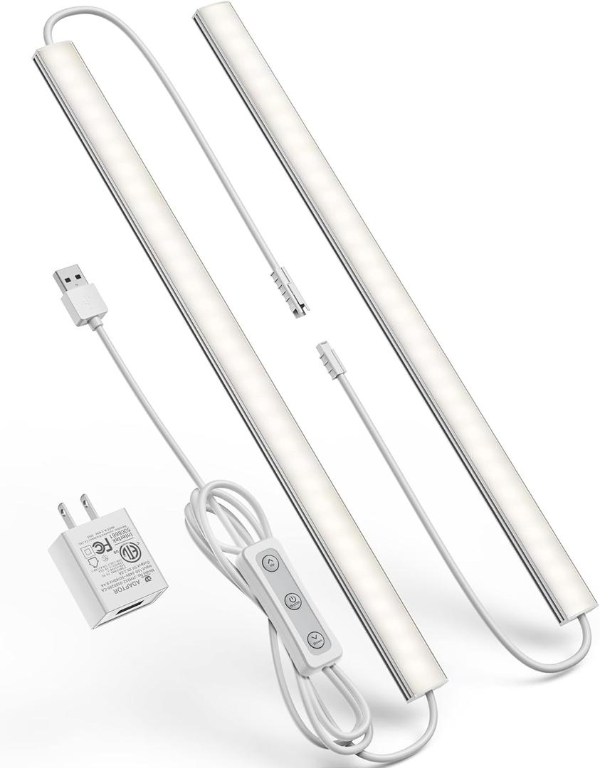 Plug-in Under Cabinet Lighting, Dimmable Under Counter Lights for Kitchen, 2pcs 12 Inch, Natural White 4500K Linkable Wired Closet Light, Indoor USB Led Lights Bar for Desk, Sink, Workbench (No Motion Sensor-2 Pack)