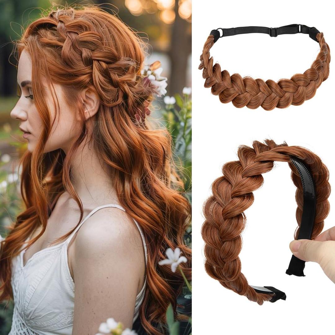 CJL HAIR 2PCs Braided Headbands Hair Piece for Women Synthetic Hair Hoops Head Bands Handmade Braid Hairband Accessories Elastic Stretch Headwrap Tizian Red