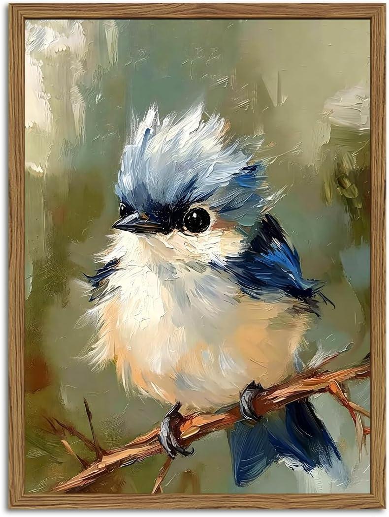 Cute Bird Wall Art, Vintage Animal Wall Decor Painting Rustic Birds on Tree Nature Poster Canvas Prints Picture for Bedroom Living Room Bathroom 16x24 inch Wood Framed
