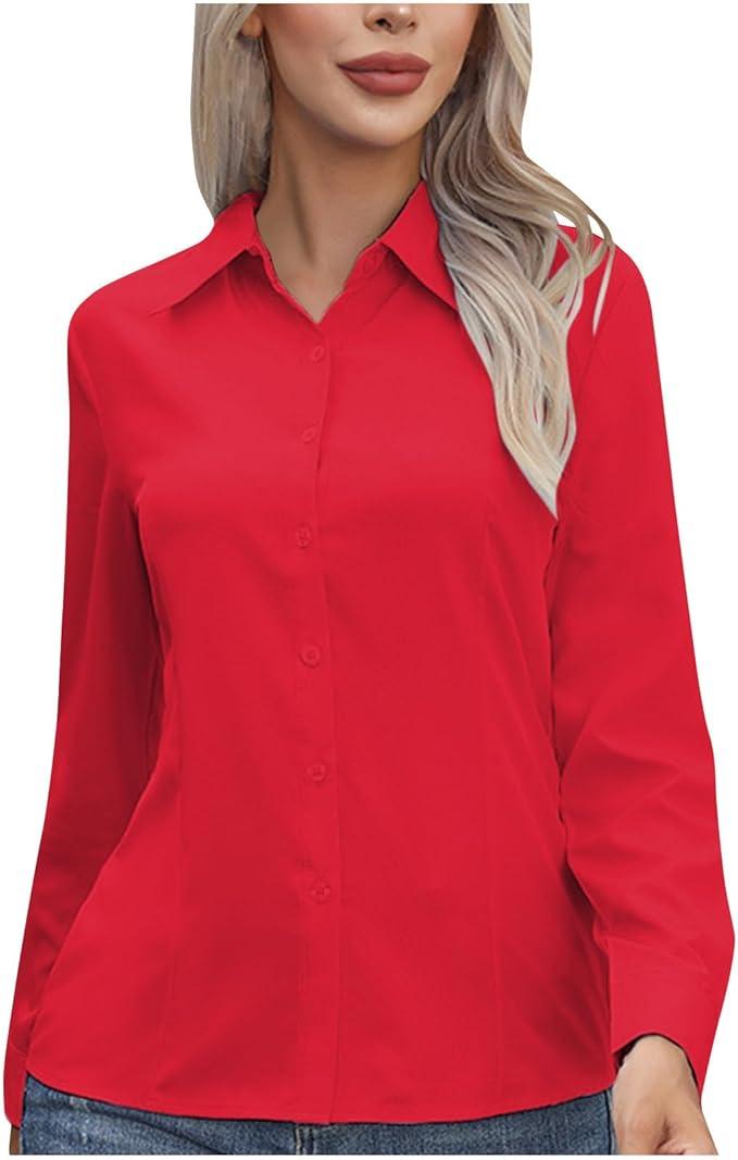 Womens Button Down Shirts Fashion Formal Dress Shirt Collared Wrinkle Free Long Sleeve Blouse Work Office Tunics Tops S