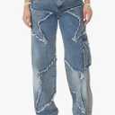 Women's Y2K Baggy Cargo Jeans High Waisted Ripped Star Tassel Fringe Denim Pants Flap Pocket Stretch Streetwear, L