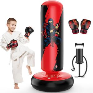 QPAU Punching Bag for Kids, 66 Inch Stable Inflatable Boxing Bag with Boxing Gloves, Stand Kids Punching Bag Toy for Boys & Girls Age 6-12, Boxing Set for Practicing Karate, Taekwondo, MMA (Black&Red)