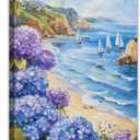 Coastal Canvas Wall Art Hydrangea Pictures Wall Decor Beach Landscape Paintings Seascape Poster Prints for Living Room Bedroom Bathroom Decor Framed(Ocean-1,16.00" x 24.00")