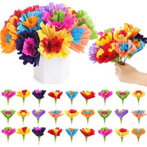 Ctosree 24 Pcs Mexican Artificial Rainbow Crepe Paper Flowers Bunch with Stems Mexican Fiesta Assorted Paper Flowers Fiesta Centerpieces for Birthday Party Cinco De Mayo Party Decor (Bright)