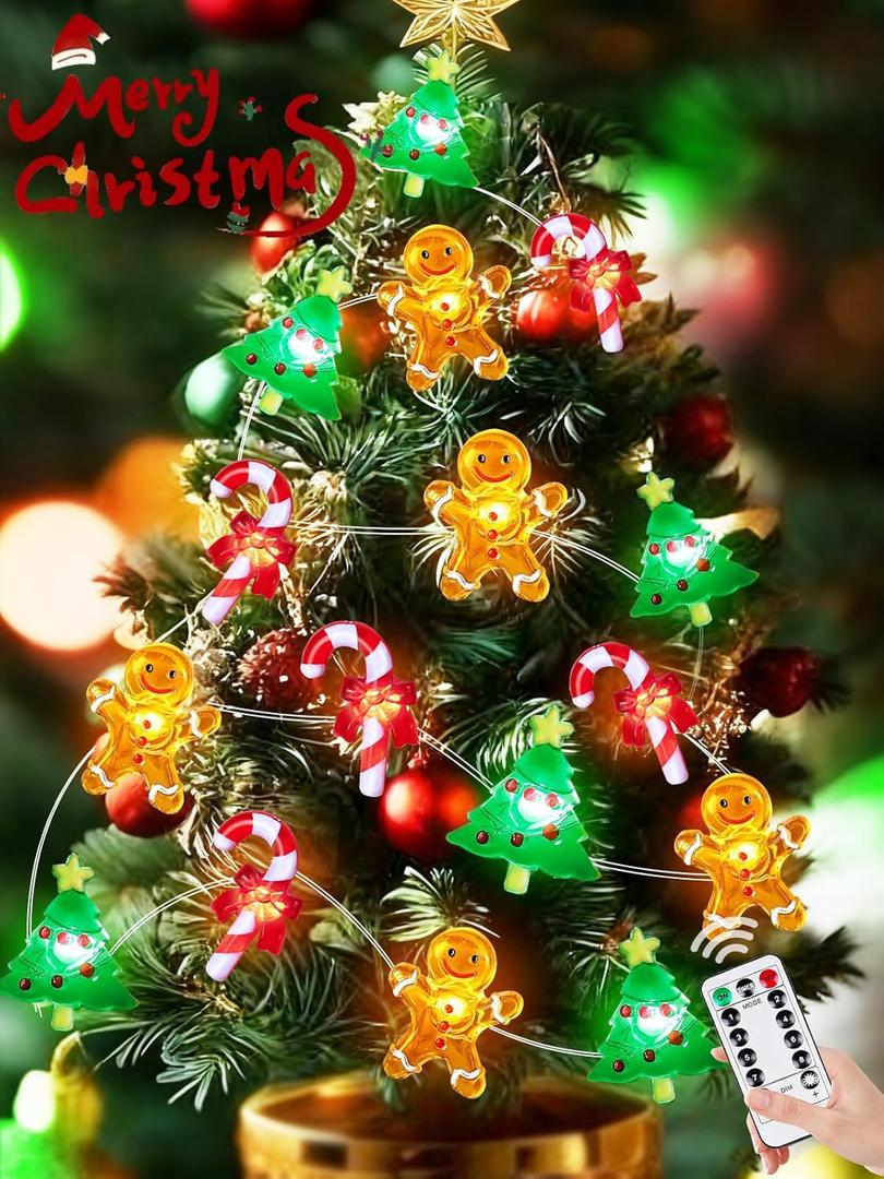 Christmas String Lights Decoration, 10ft 30LED Christmas Tree Gingerbread Man Candy Cane Fairy Lights Battery Operated with Remote, 8 Modes & Timer, Twinkle Light for Home Party Indoor Outdoor Decor (Red Green Orange)