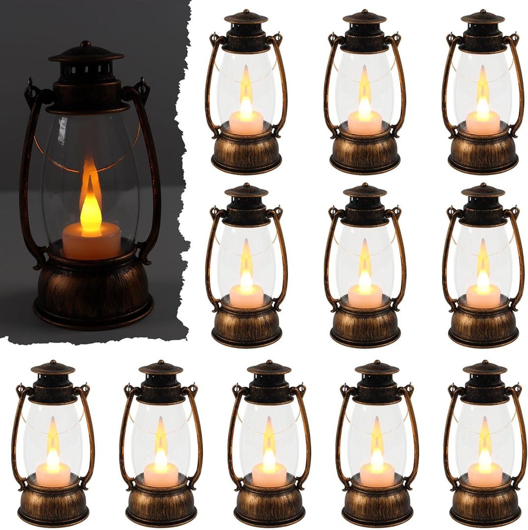 12Pcs Mini Lantern Decorative with Flickering LED Candle, 6Inch Small Western Lantern for Table Centerpiece, Vintage Hanging Candle Holders for Western Halloween Camping Party Decor (Brown)