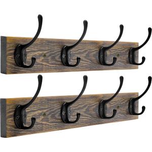 IBosins Wall Mounted Coat Rack, 2 Pack Metal Wood Coat Rack with 8 Black Rustic Hooks for Scarf, Bag, Towel, Key, Cap, Cup, Hat