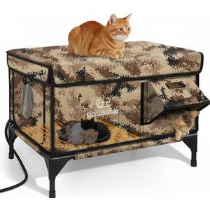 Indestructible Heated Cat House for Outside Winter, 100% Waterproof, Safe Escape Door, Insulated Outdoor Cat Shelter with Heater for Feral Barn Cat Kitty (Desert Camouflage, 27"x17"x18")