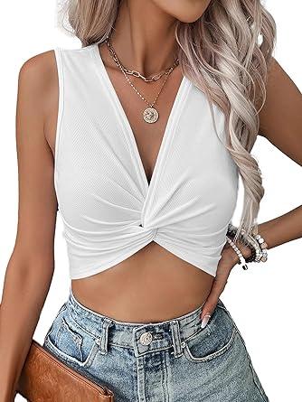 Vrtige Women's Twist Front V Neck Ribbed Knit Sleeveless Sexy Cami Tank Crop Top XS, White