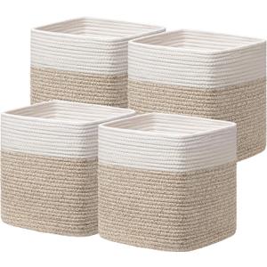 joybest 13x13x13 Inch Cube Storage Bins Set of 4, Cotton Rope Woven Organizer Basket for Shelves, Cube Bin Square Shelves Organizer Closet Storage, Nursery, Toy Organization, Brown&White
