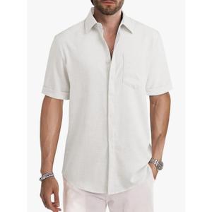 JMIERR Men's Casual Stylish Short Sleeve Button-Up Striped Dress Shirts Cotton Beach Shirt L