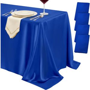 4 Pack Royal Blue Satin Tablecloth 58 x 102 Inches, Rectangular Satin Table Cloths for Wedding Reception, Birthday Party, Graduation & Holiday Banquet Tables