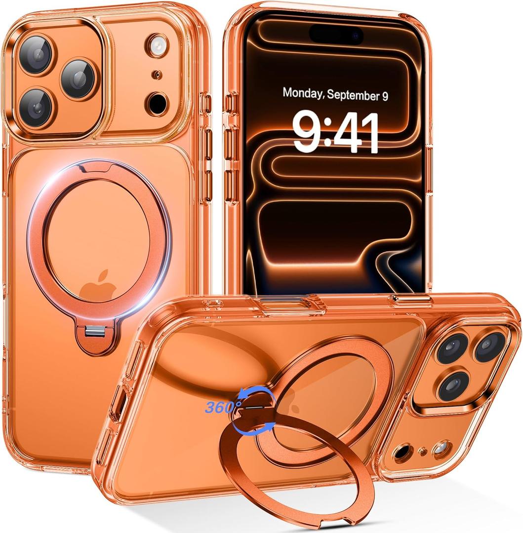 DUEDUE for iPhone 17 Pro Case with 360Spin Magnetic Stand[Compatible with MagSafe][Rotatable Ring Holder], Protection Cover Anti-Yellowing Shockproof Cases for iPhone 17 Pro 6.3", Orange