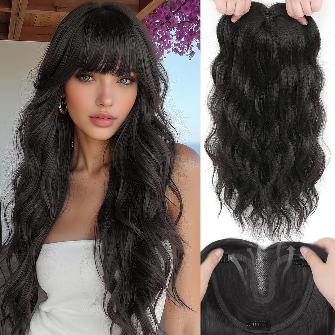 Hair Toppers for Women, 20 Inch Hand Tied Breathable Toppers Hair pieces for Women with Thinning Crown Wispy Bangs Mix Human Hair Clip in Curly Lightweight Wiglets((Dark Brown,Wispy Bangs)