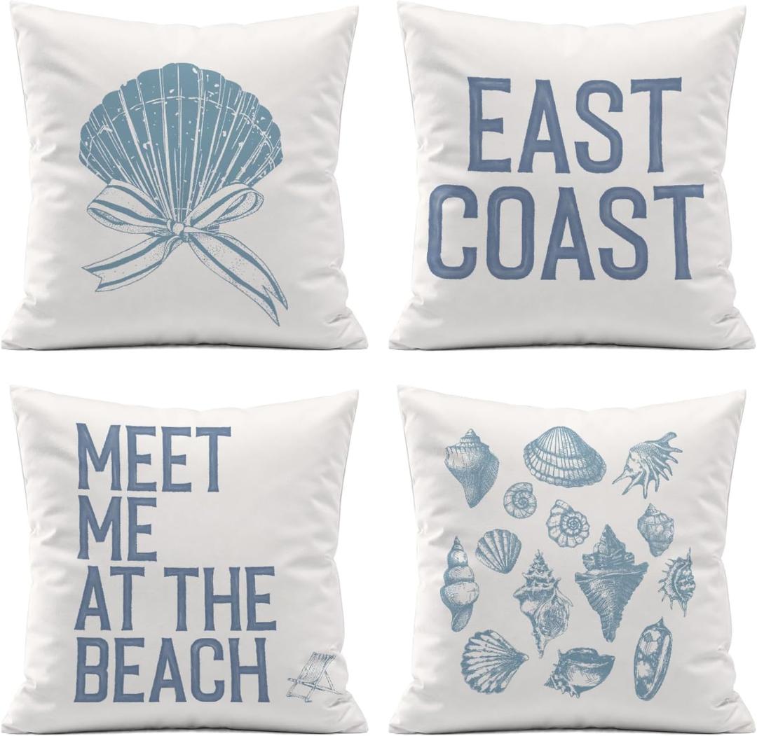 East Coast Room Decorative Pillow Covers,Retro Blue Conch Throw Pillow Covers Decor for Home Dorm Apartment,Beach Ocean Room Decor Aesthetic,18x18 Inch Pillowcase Set of 4
