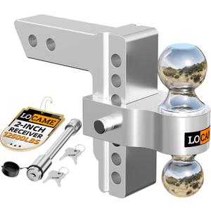 LOCAME Adjustable Trailer Hitch, Fits 2-Inch Receiver, 6-Inch Drop/Rise Aluminum Drop Hitch,12,500 LBS GTW-Tow Hitch for Heavy Duty Truck with Double Stainless Steel Locks, Silver