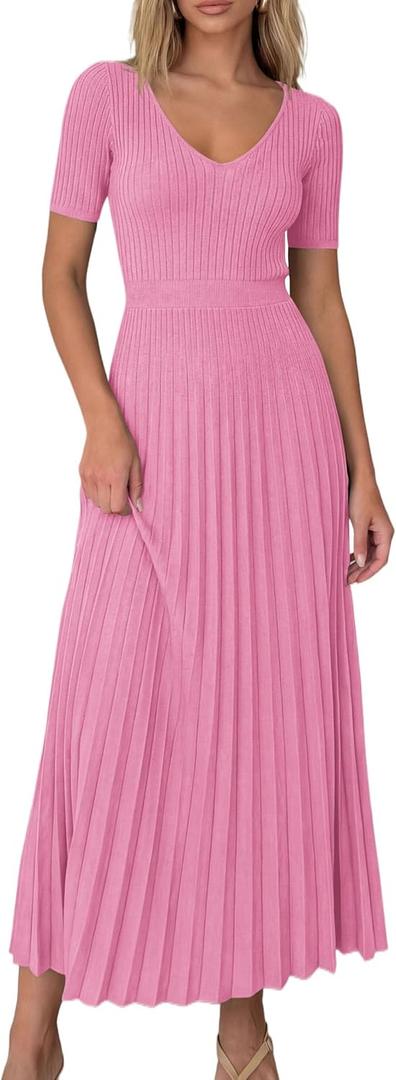 PRETTYGARDEN Women's 2026 Spring Midi Sweater Dresses Elegant Pleated Ribbed Knit Short Sleeve V Neck A Line Summer Outfits, Pink, Medium