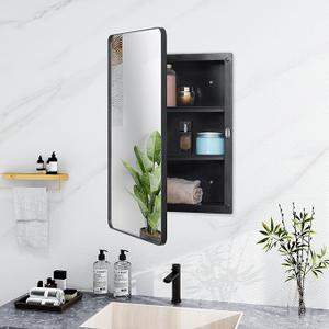 Fundin Plastic Black Medicine Cabinet, Beveled Edge Mirror Door with Round Corner Metal Frame, Recessed and Surface Mount Bathroom Medicine Cabinet, 16 x 24 inch Mirror Size