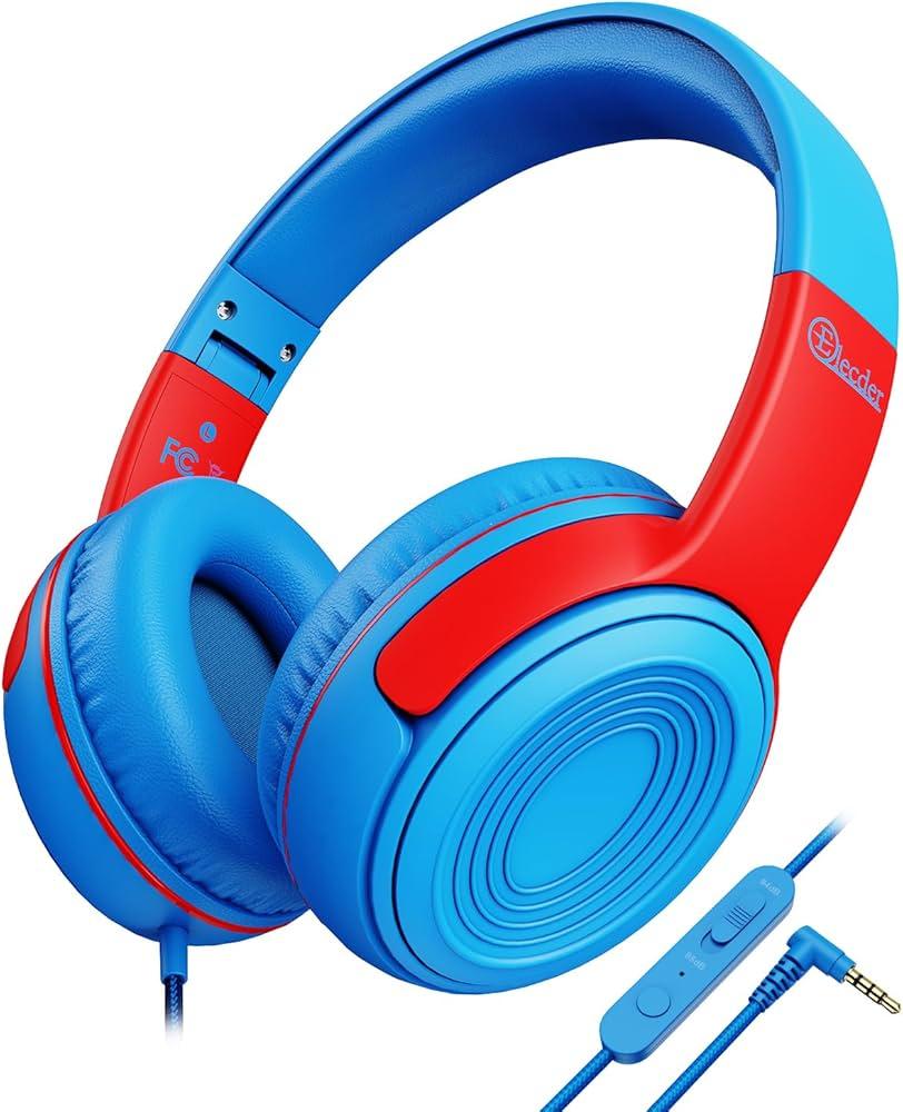 ELECDER Kids Headphones, S8 Wired Headphones for Kids with Microphone for Boys Girls, Adjustable 85dB/94dB Volume Limited, 3.5 mm Jack for School/Kindle/Smartphones/Tablet/Airplane Travel(Blue/Red)