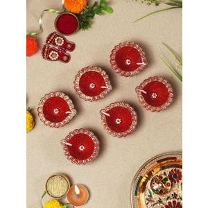 Handmade Terracoaat Set of 5 Red Traditional Clay Diya for Diwali/Navratri Decorations Oil Lamp Diwali Clay Diya Tea Light Holder Indian Decor Festival Gifts Puja Items