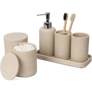 ZCCZ Beige Bathroom Accessories Set 6 Pieces - Toothbrush Holder, Lotion Dispenser, Qtip Container, Vanity Tray, Tumbler - Countertop Organizer for Bathrooms - Elegant and Functional Dcor Set