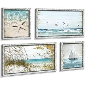 Coastal Framed Wooden Wall Art: Beach Art Ocean Prints Set of 4 Starfish Pictures Seascape Artwork for Living Room Overall 48"W x 32"H