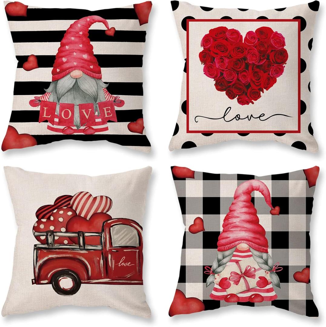 ONWAY Valentines Day Pillow Covers 18x18 Set of 4 Red Rose Heart Truck Love Buffalo Plaid Stripes Decorative Throw Cushion Case for Home Decorations