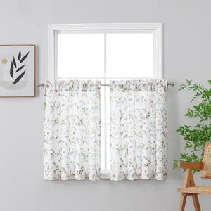 Chyhomenyc Roman Kitchen Curtains 36 Inch Length, Linen Blend Textured Small Half Window Curtain, Leaf Floral Printed Light Filtering Short Curtains for Bathroom Basement 38Wx36L inch 2PCS (Multi Color)