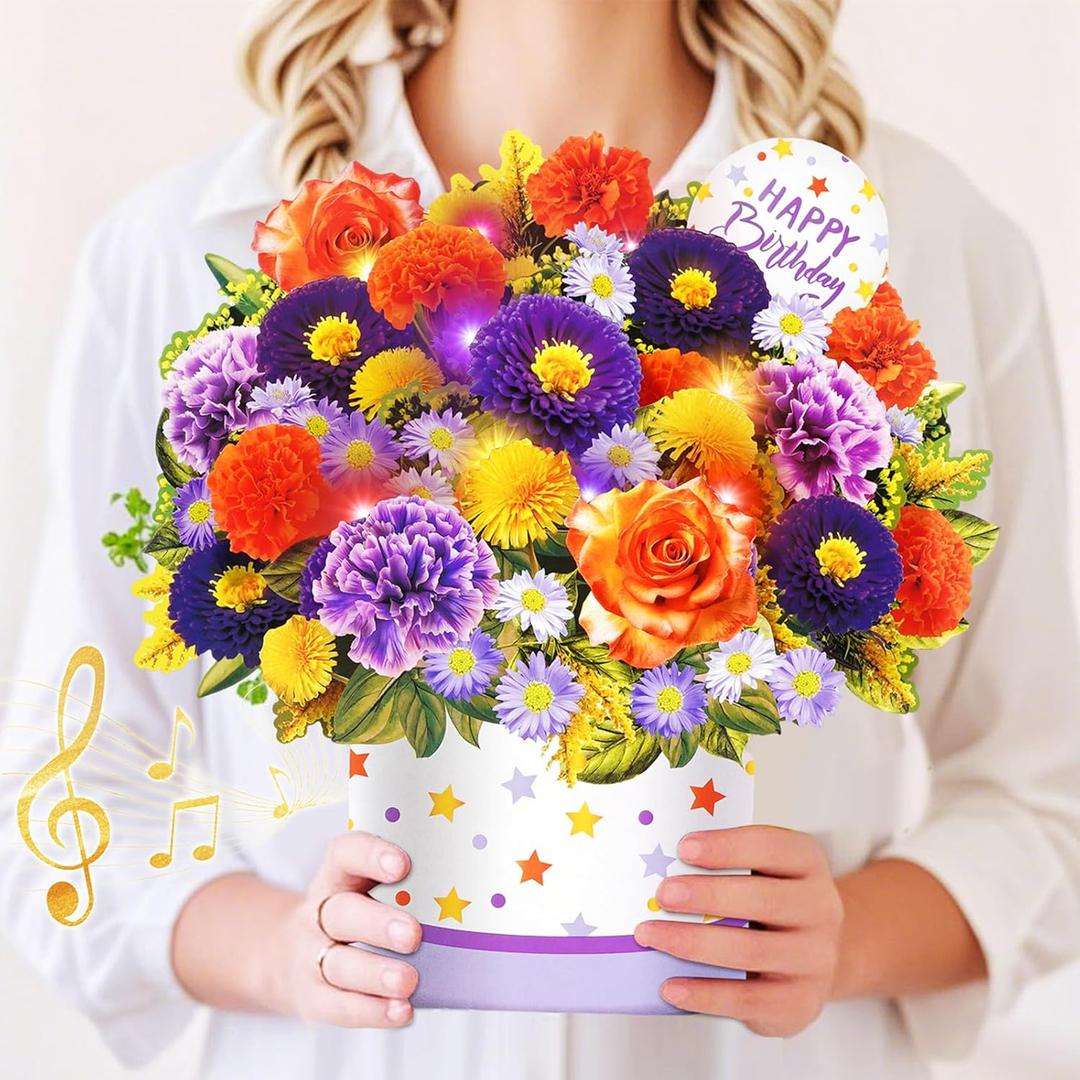 2 x Birthday Cards, Happy Birthday Cards with Music & Lights, Daisy and Yellow Rose, 10 Inch Life Sized Forever Flower Bouquet Greeting Card Gifts for Wife Women Mom Grandma Sister