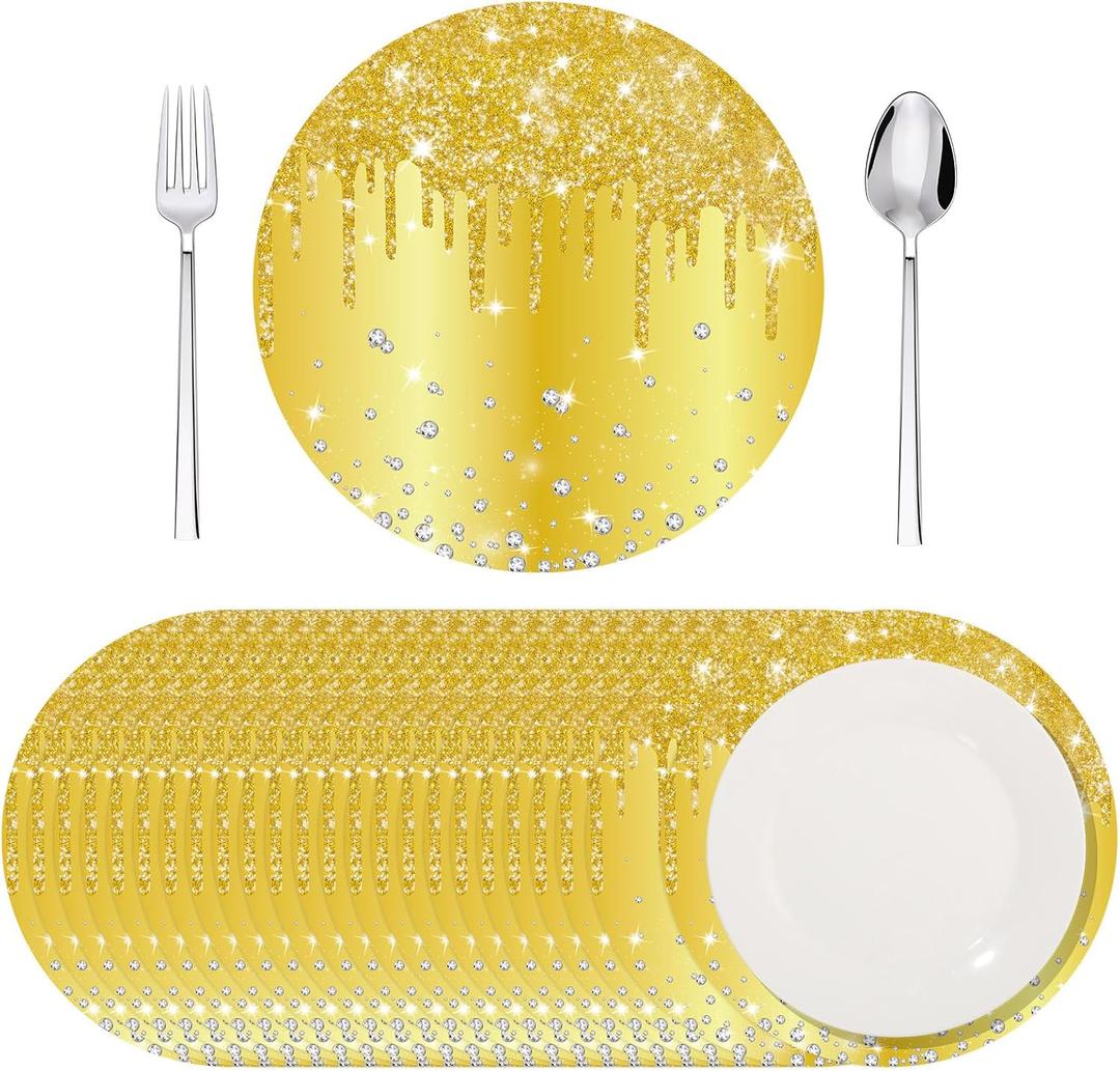 120 Pieces Gold Paper Placemats 13 Inch Glitter Diamonds Round Disposable Table Mats Decorative Paper Mats for Dining Wedding Birthday Gold Glitter Banquet Party