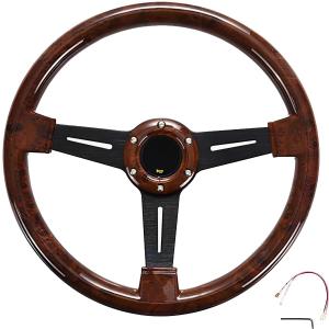 14" Classic Wood Grain Steering Wheel Riveted Light Wood Grip, Universal Automotive Steering Wheels Slotted 3 Spoke with Horn Button, 350mm 14inch Black