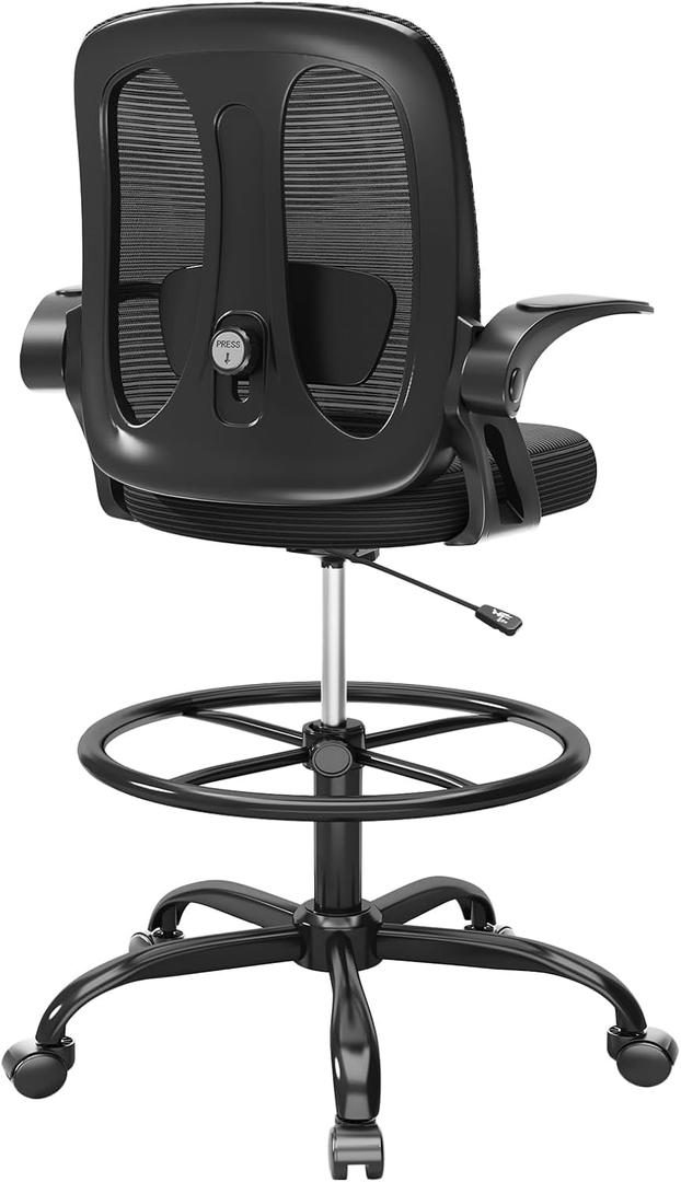 Alllion Drafting Chair, Tall Office Chair with Flip-up Armrests Ergonomic Computer Standing High Desk Chair with Adjustable Lumbar Support and Footrest Ring for Man Women and Artist Chairs, Black