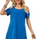 Summer Women's Casual Dress with Thin Straps Off-The-Shoulder Short Sleeves Flowing Beach Resort A-Line Dress (Blue, M)