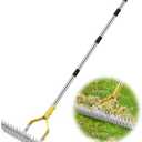 Trydream Thatch Rake, 15 Inch Wide Lawn Thatching Rakes for Cleaning Dead Grass, Efficient Metal Steel Lawn Dethatcher with Sponge Handle, Lawn loosening Soil Grass Rake (Silver)