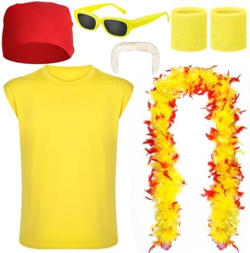 Cotwinter 6 Pcs Halloween Wrestler Costume Set Include Yellow Sleeveless T-shirt 6ft Feather Boa Mustache, Size L
