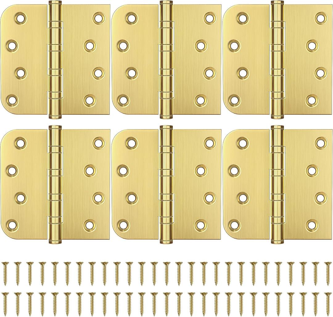 KOLET Ball Bearing Door Hinges, 4 x 4 Inches Brushed Gold Door Hinges, Heavy Duty Stainless Steel Hinges, Square and 5/8'' Radius Corner, Smooth and Quiet, Non Removable Pin, Satin Gold, 6 Pack