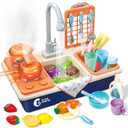 CUTE STONE Pretend Play Kitchen Sink Toys with Play Cooking Stove, Pot and Pan with Spray Realistic Light and Sound, Dish Rack & Play Cutting Food, Utensils Tableware Accessories for Kids Toddlers