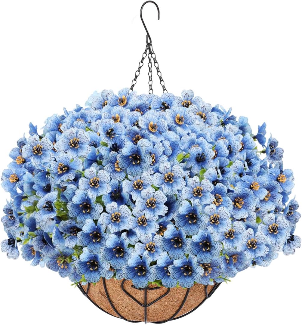 Artificial Hanging Flower for Outdoors, Fake Hanging Basket for Outside,1 Hanging Basket with 13 Pcs Faux Silk Flowers for Porch, Balcony and Patio Decor(Blue)