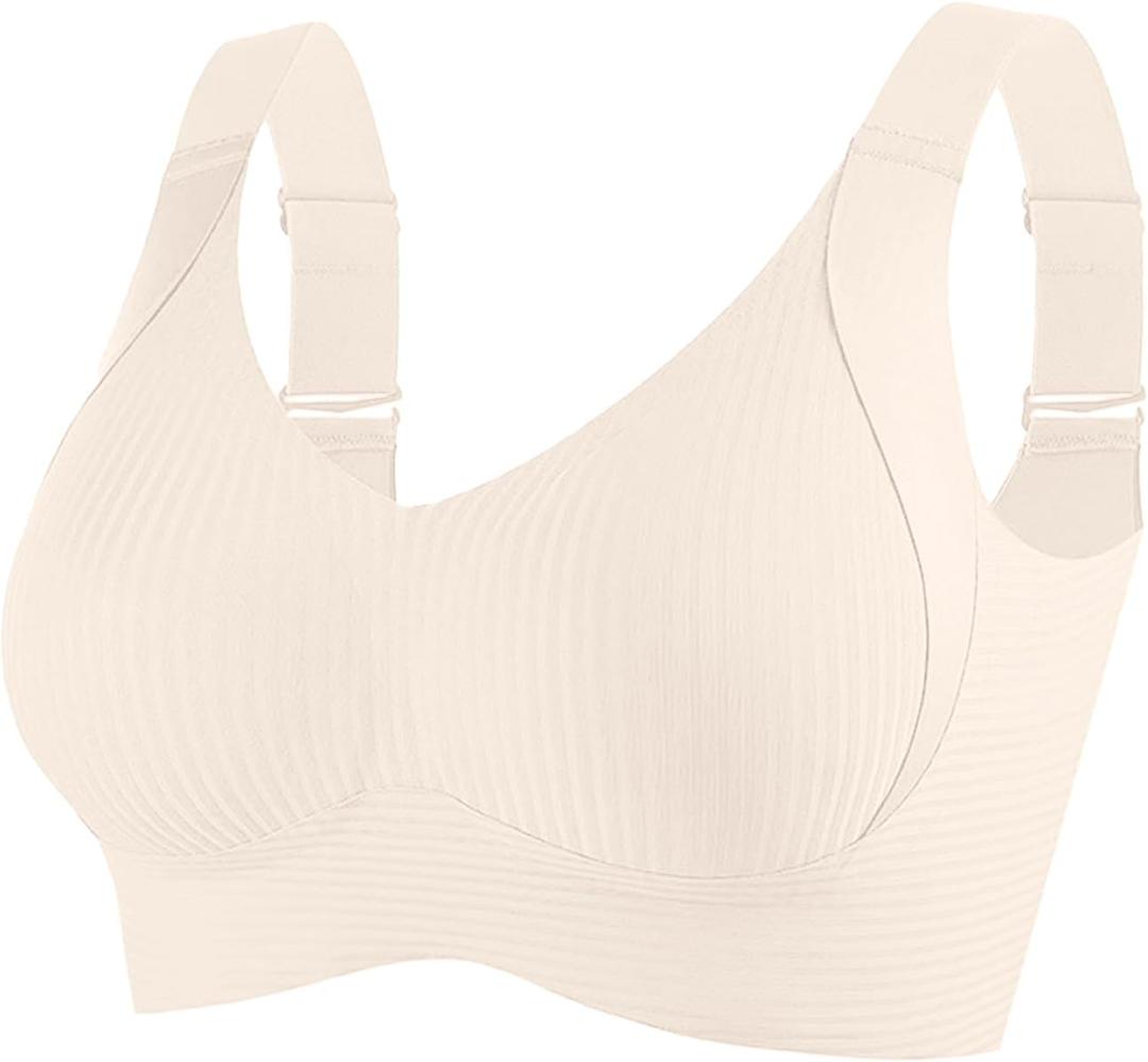 Bras for Women No Underwire Full Coverage Adjustable Bra Comfort Wireless Ribbed Bras 2025 (Large, Beige)