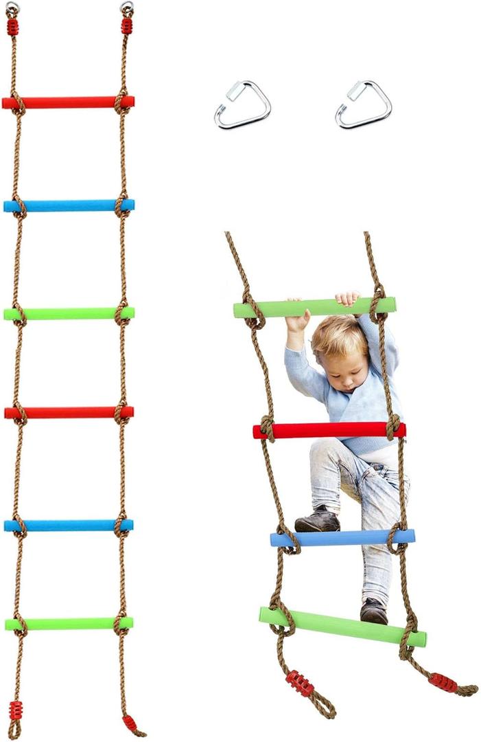 7FT Colorful Camping Rope Ladder for Kids Hanging Ladder Climbing Ladder for Swing Set Accessories Rope Ladder for Playground Tree House, Ninjaline, Indoor&Outdoor Play Set