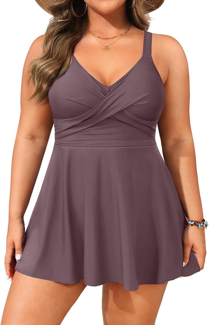 Aqua Eve Plus Size Swim Dress - Two Piece Tankini Swimsuit Tummy Control Bathing Suit with Shorts 2025 Coffee Brown 18W