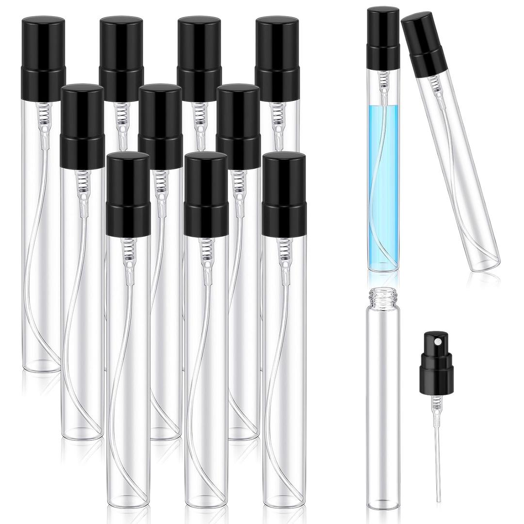 Zhehao 50 Pcs Mini Spray Bottles 10 ml Clear Glass Perfume Bottles Refillable Fine Mist Perfume Atomizer Portable Empty Sample Containers for Cleaning, Essential Oils, Travel (Black Cap)