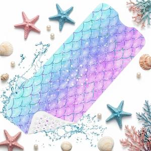 Pink Blue Mermaid Bathtub Shower Mat Fish Underwater Sea Non-Slip Tub Extra Long Bath Floor 40X16 Inch Machine Washable for Bathroom Tub Bath Mat for Toddler and Baby