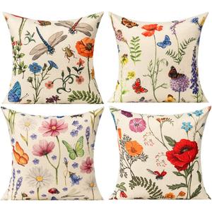 All Smiles Outdoor Patio Throw Pillow Covers 18x18 Set of 4 Spring Summer Garden Flowers Farmhouse Décor Outside Furniture Bench Chair Decorative Cushion Cases for Swing Deep Seat Bed Couch Sofa